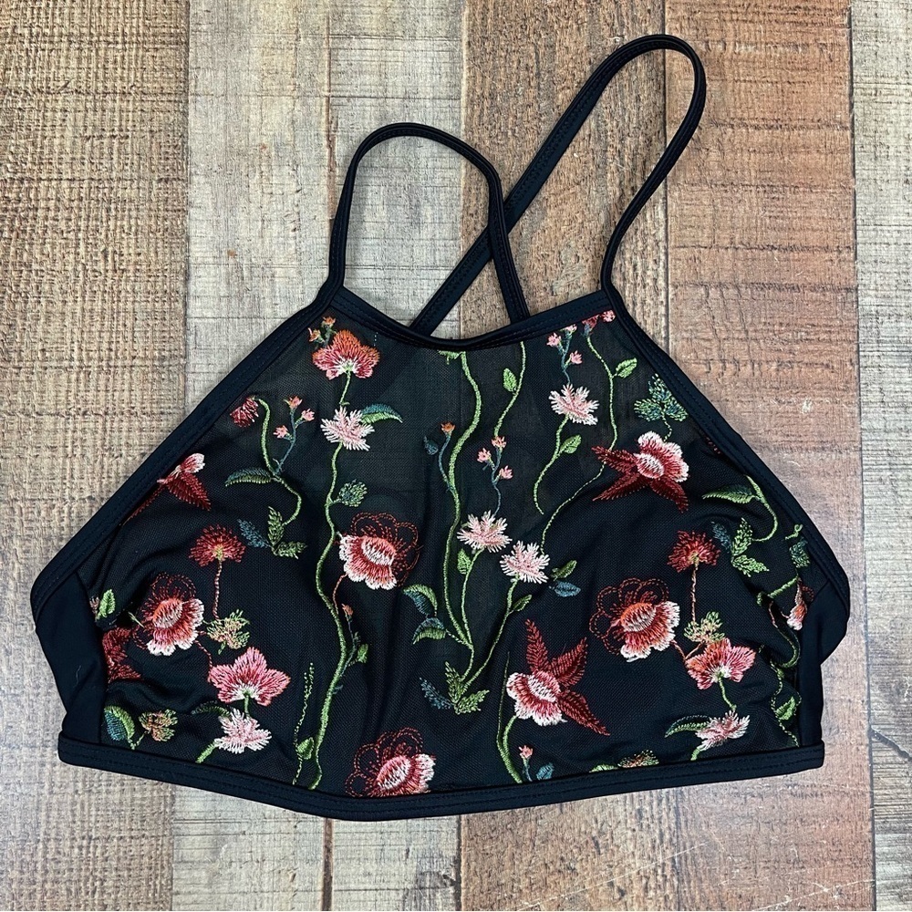Target Xhilaration Small Embroidered Floral Halter Boho Mesh Swimsuit Bikini Top